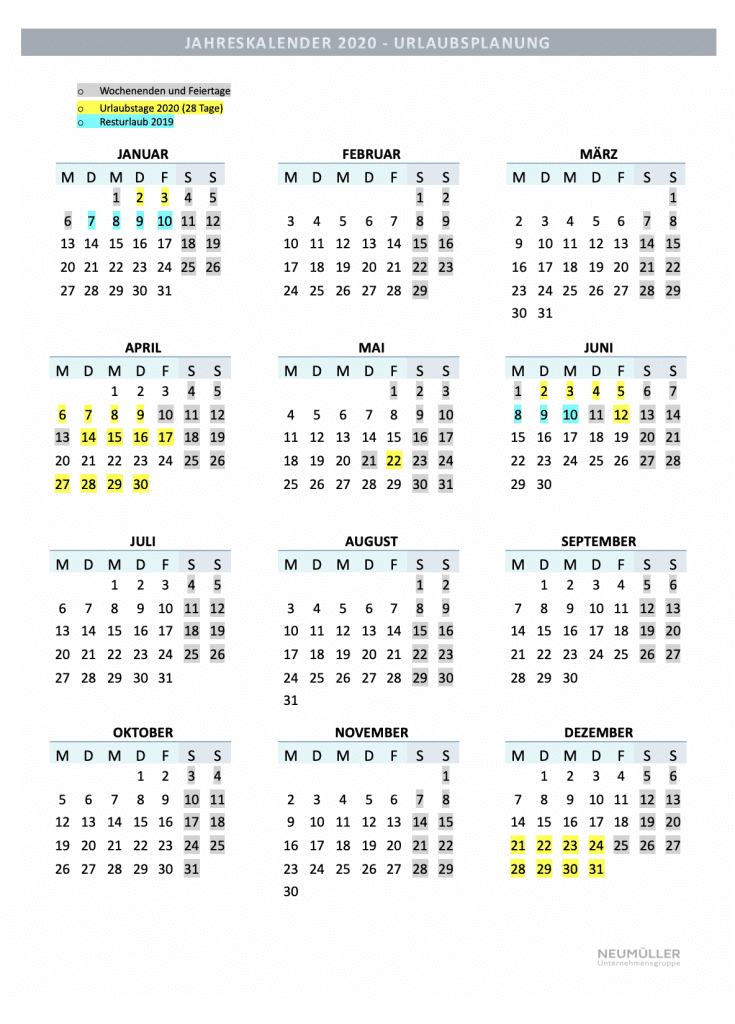 Kalender 2020 mit Brückentage