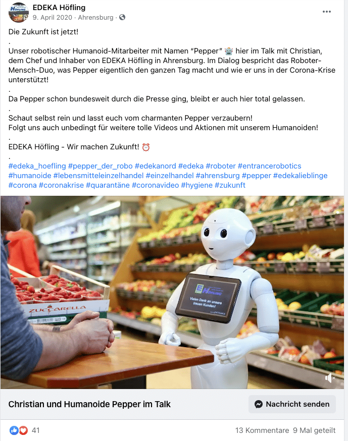 Die Robotik hat auch aufgrund von Corona eine goldene Zukunft. Das zeigt auch das Beispiel von Pepper bei einem Edekamarkt in Norddeutschland.